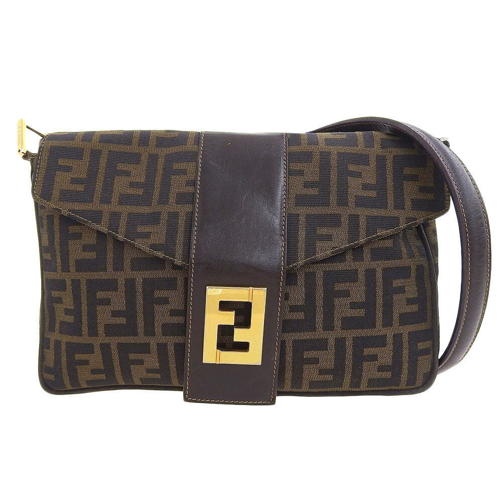 Fendi Zucca Shoulder Bag Canvas Leather Brown FF